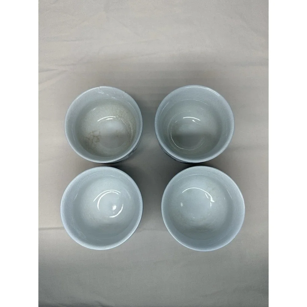 Pier 1 One Porcelain Chinese Tea Cups Cobalt Blue White Paisley Floral 4 pc Set